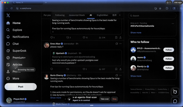 Hermes browsing X inside ego browser while working in its own Space