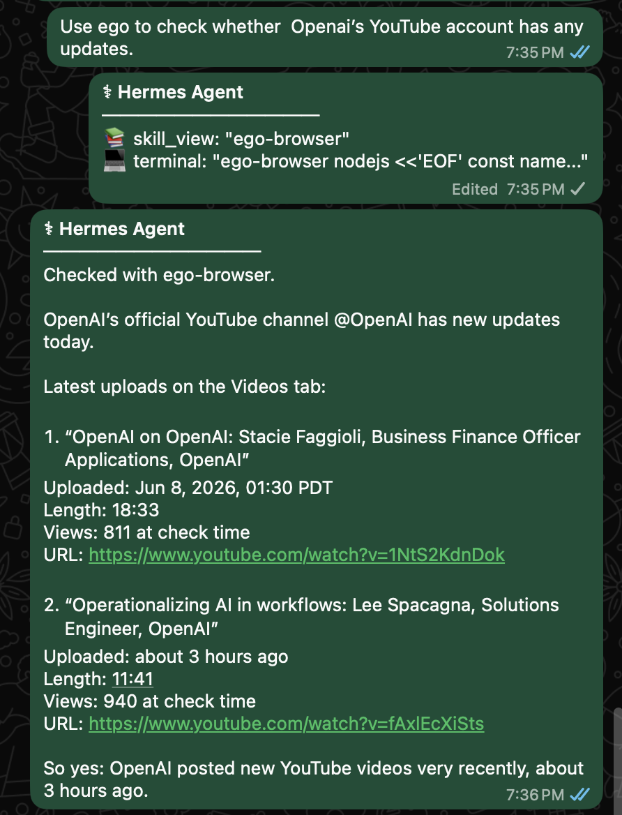 WhatsApp conversation where Hermes uses ego browser to check OpenAI YouTube updates and returns the latest video results