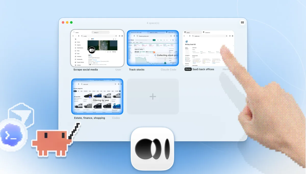ego lite Spaces overview with four browser tasks running side by side and visible at once, unlike agent-browser's headless --session instances: Claude Code tracking Apple stock on Yahoo Finance, Codex filtering cars by year on cars.com, Hermes finishing a SaaS back-office task, a user scraping X, and a hand tapping + to open another Space