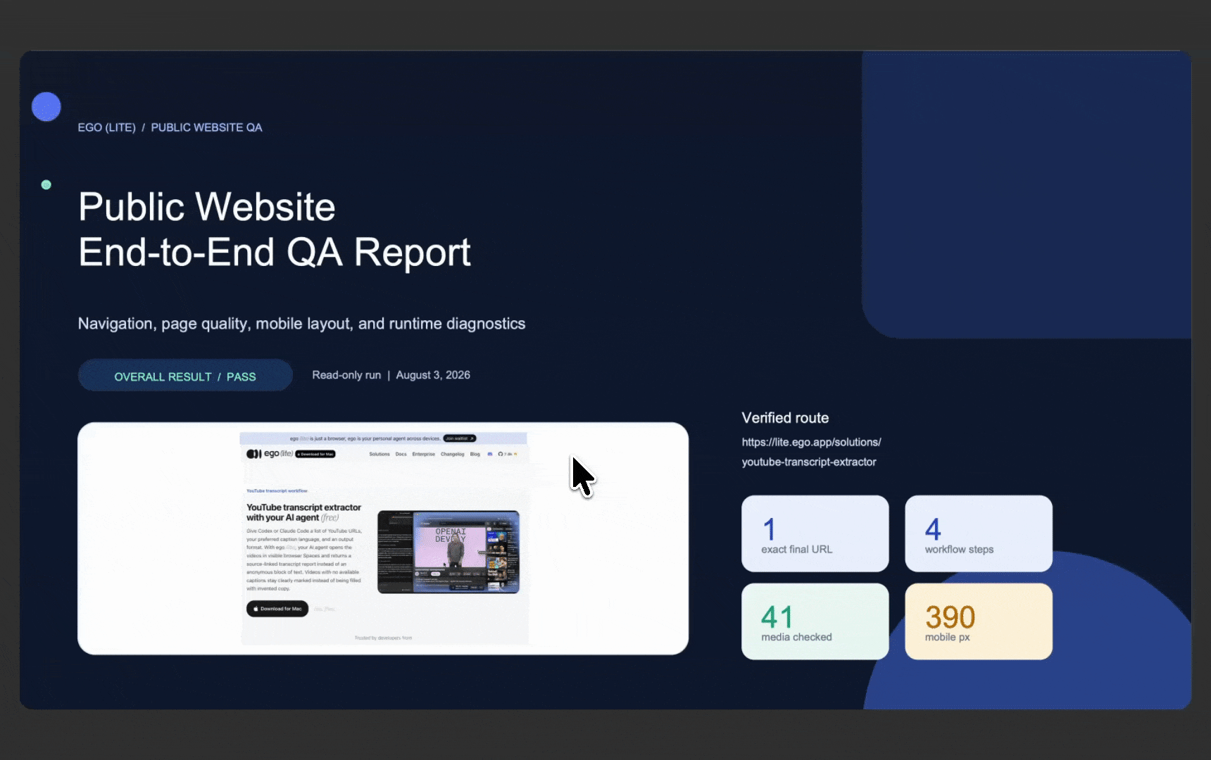 End-to-end test report with completed browser steps, expected results, and failure evidence