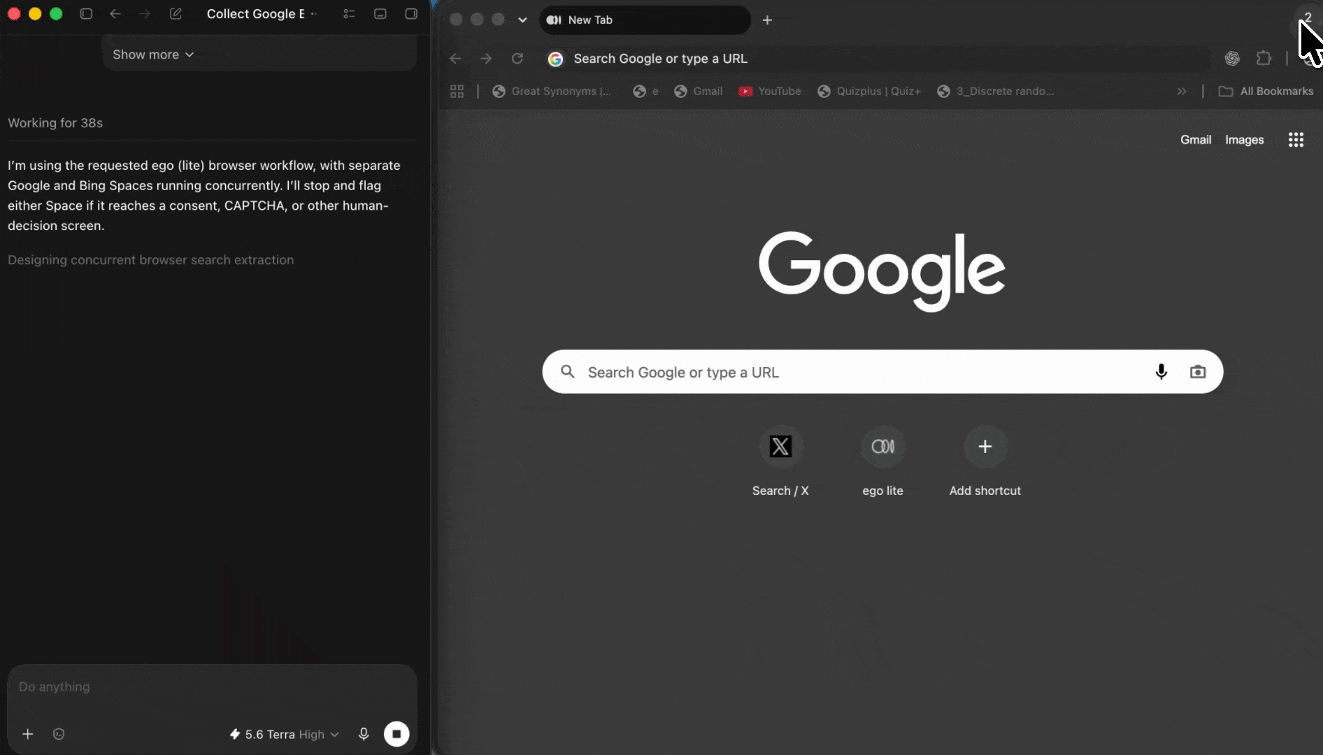 Separate ego (lite) Spaces running Google and Bing search result collection in parallel