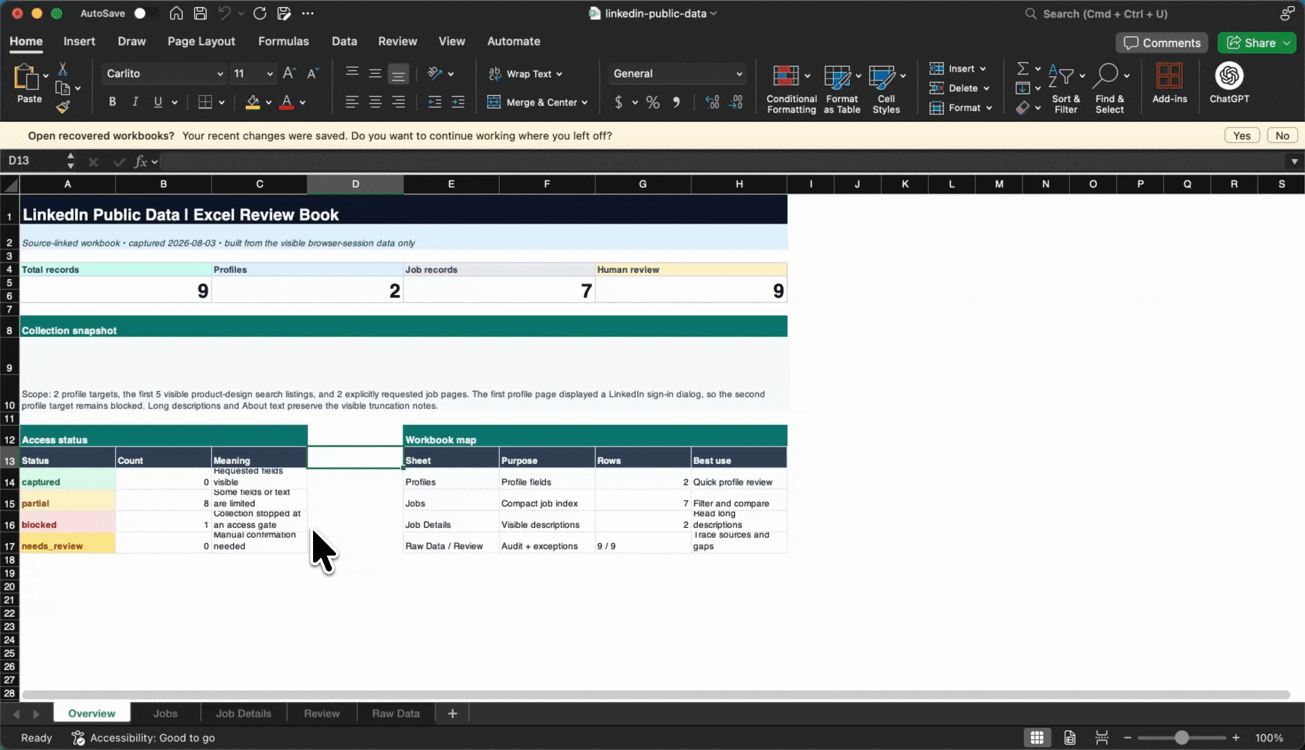 Reviewing a source-linked LinkedIn public-data report in a spreadsheet