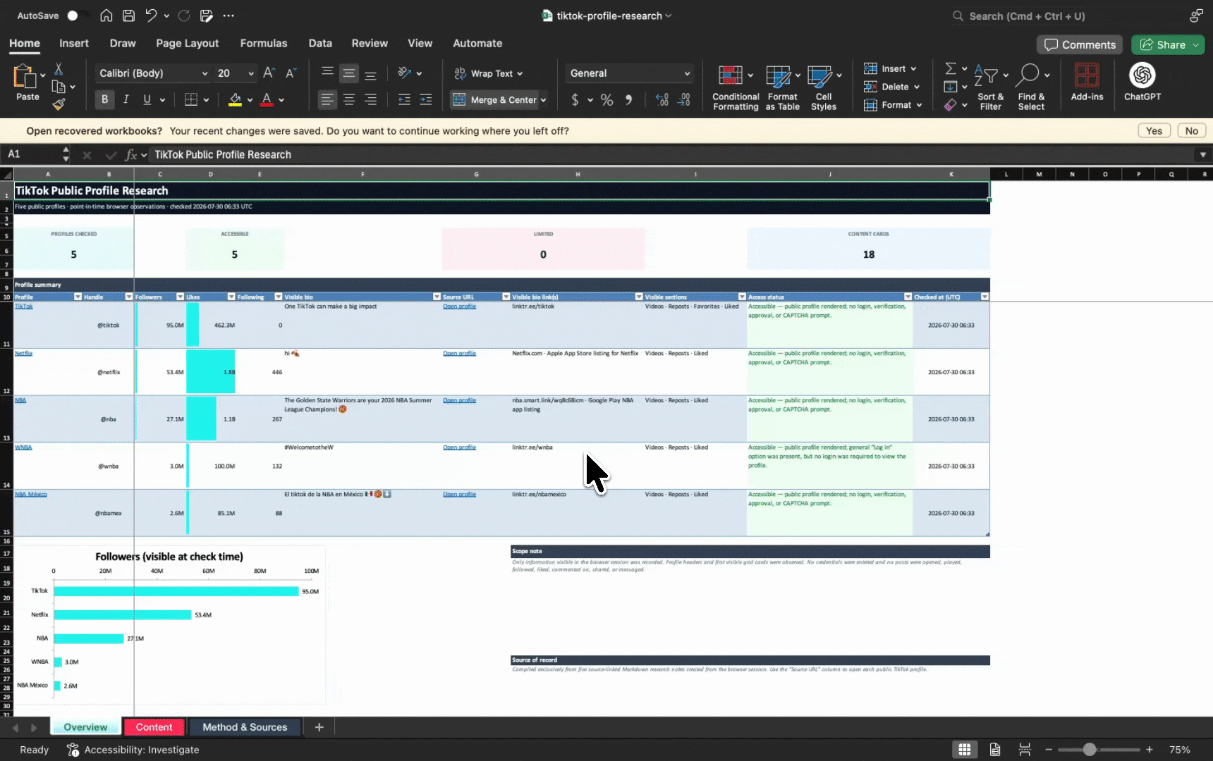 Excel report with visible TikTok account research findings and access limits